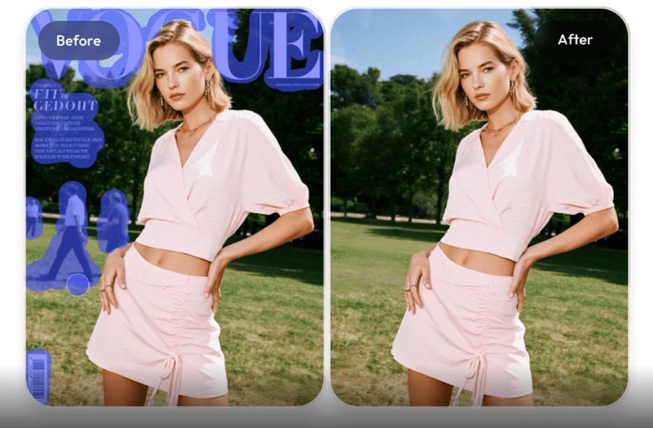 Before and after showing the AI photo eraser removing an unwanted object from a photo