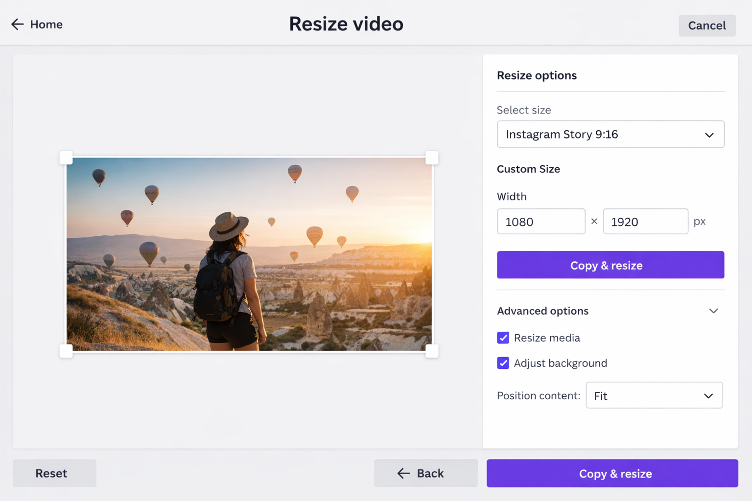 Canva video resizer tool interface